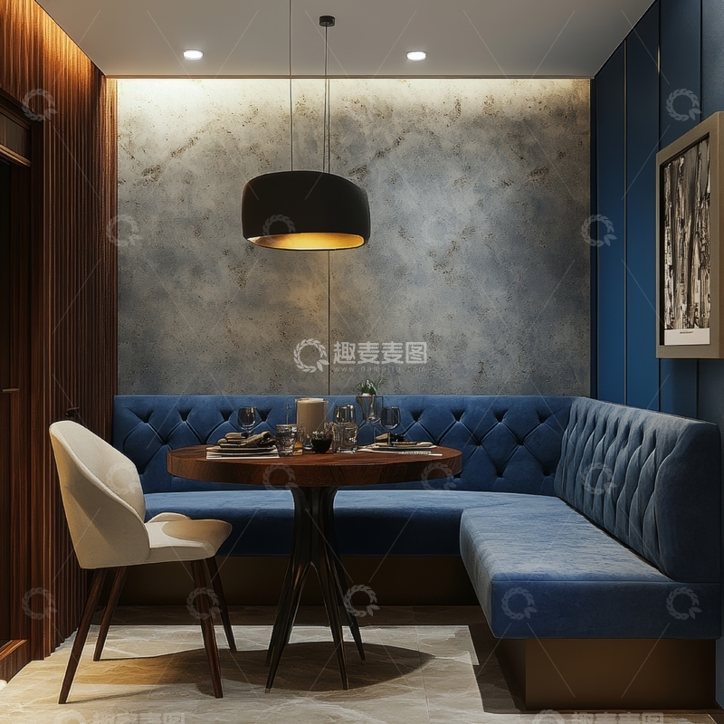 高清大图下载【趣麦麦图】现代餐厅的蓝色沙发与木质餐桌