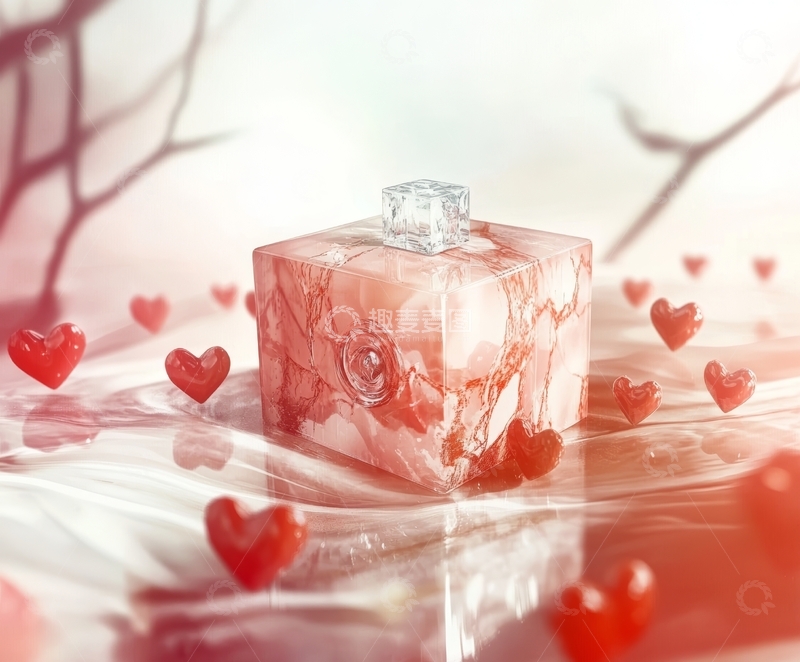 高清大图下载【趣麦麦图】粉色心形装饰中的透明香水瓶