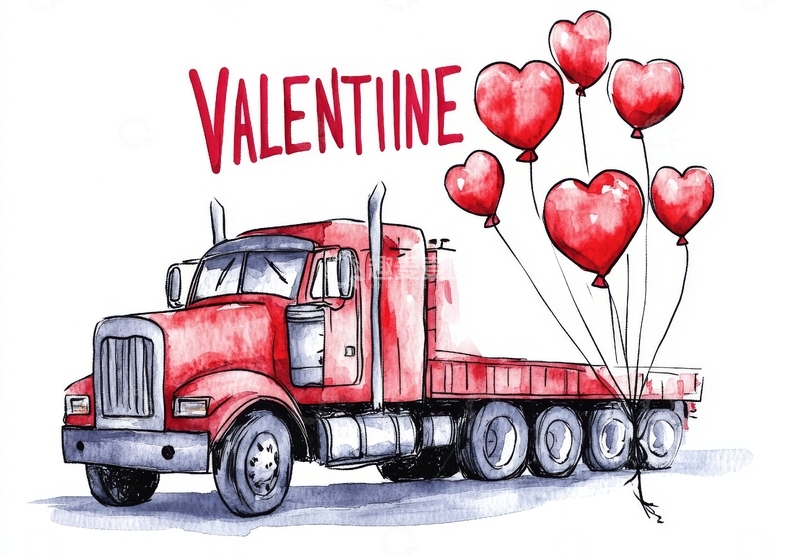 高清大图下载【趣麦麦图】情人节主题的红色卡车与心形气球