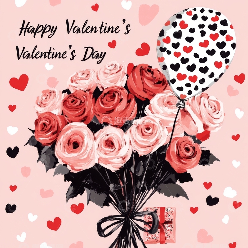 高清大图下载【趣麦麦图】情人节玫瑰花束与心形气球