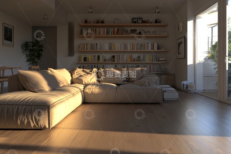 高清大图下载【趣麦麦图】温馨现代客厅，书架与沙发布置