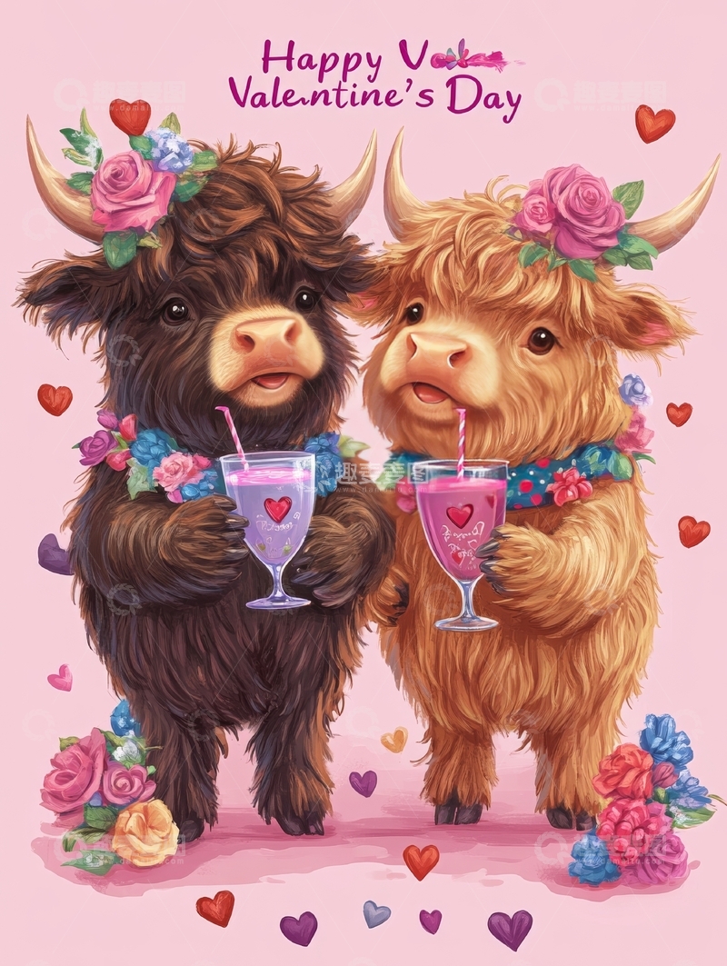高清大图下载【趣麦麦图】情人节牛牛举杯庆祝