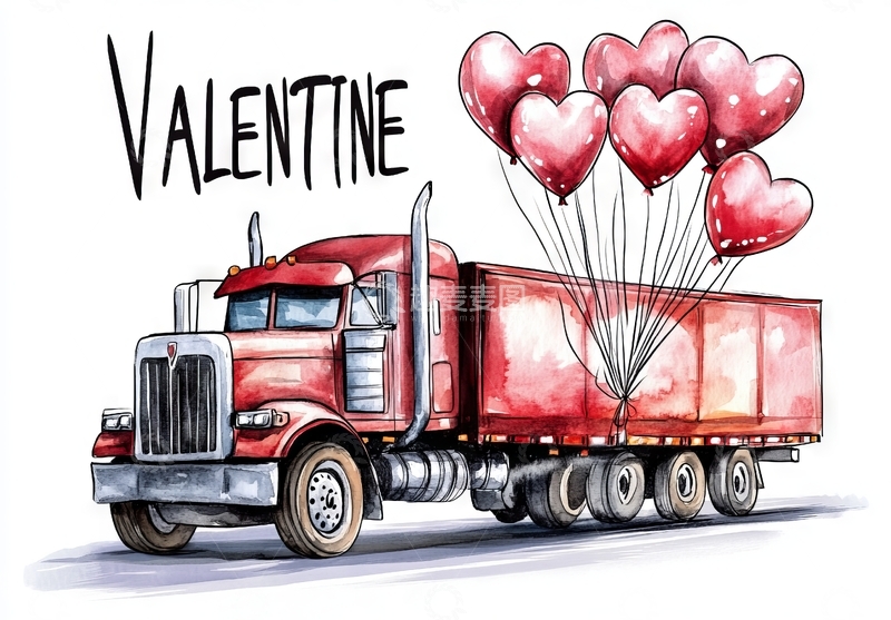 高清大图下载【趣麦麦图】情人节主题的红色卡车与心形气球