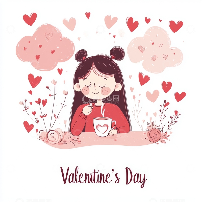 高清大图下载【趣麦麦图】情人节温馨插画：女孩与爱心