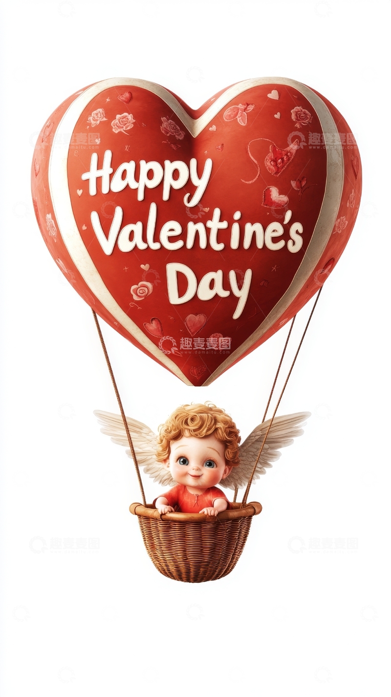 高清大图下载【趣麦麦图】情人节心形热气球与小天使