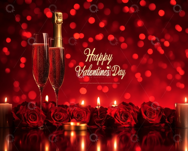 高清大图下载【趣麦麦图】情人节浪漫场景：香槟与玫瑰