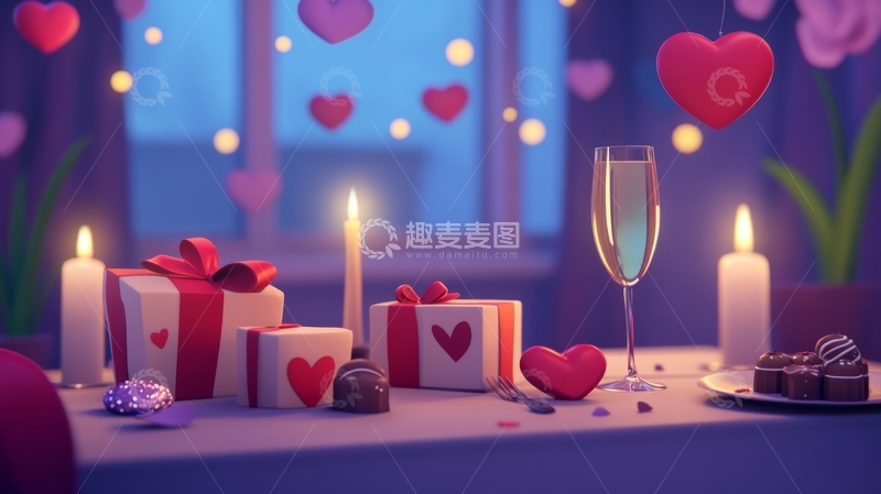 高清大图下载【趣麦麦图】浪漫情人节布置，礼物与香槟