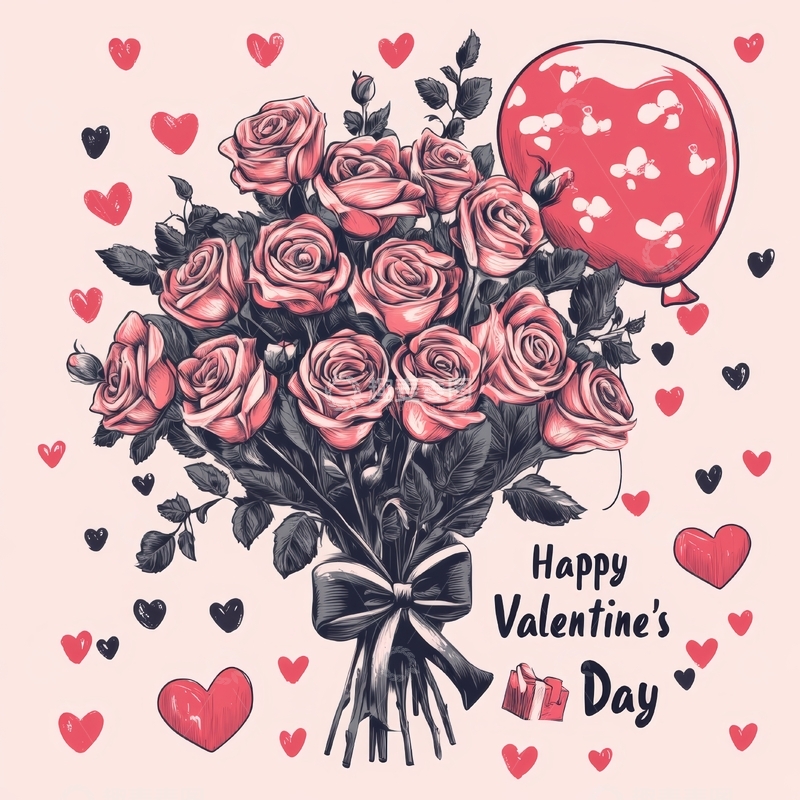 高清大图下载【趣麦麦图】情人节玫瑰花束与爱心气球