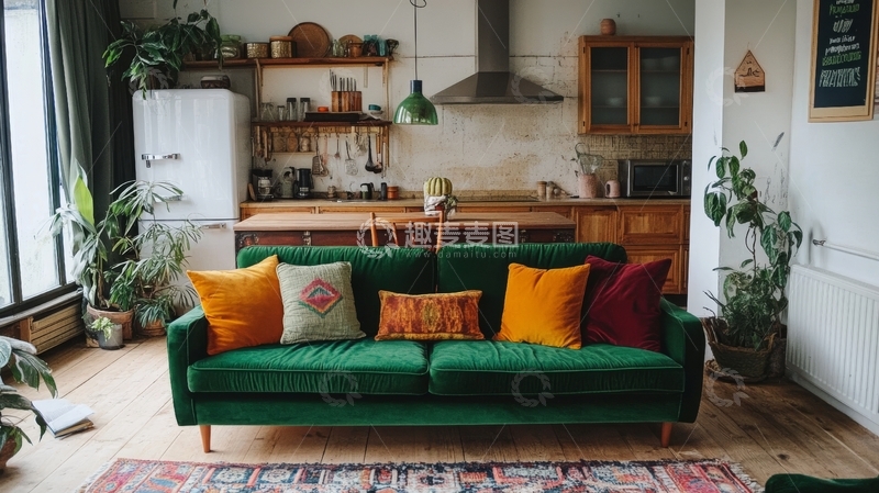 高清大图下载【趣麦麦图】温馨客厅，绿色沙发与植物装饰