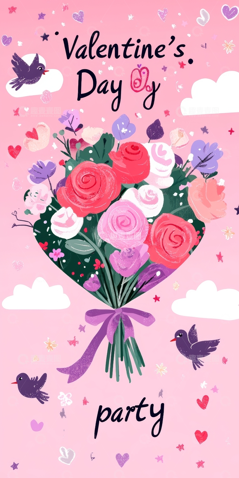 高清大图下载【趣麦麦图】情人节派对玫瑰花束插画