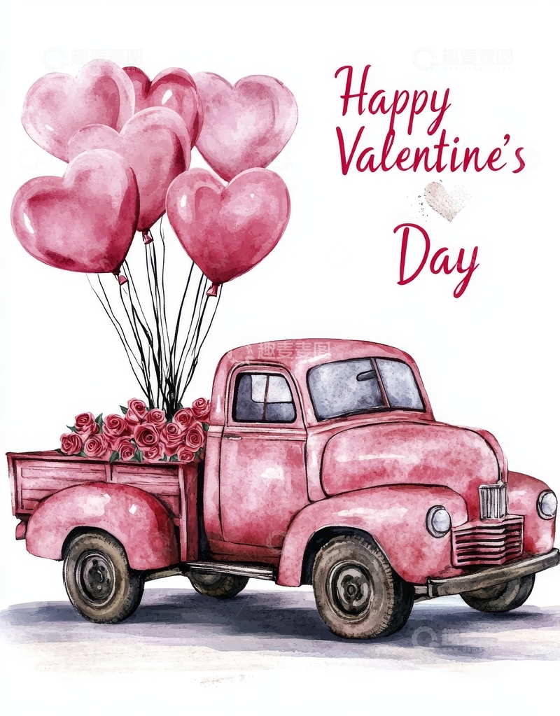 高清大图下载【趣麦麦图】情人节复古卡车与心形气球