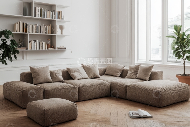 高清大图下载【趣麦麦图】现代简约客厅，米色沙发与书架