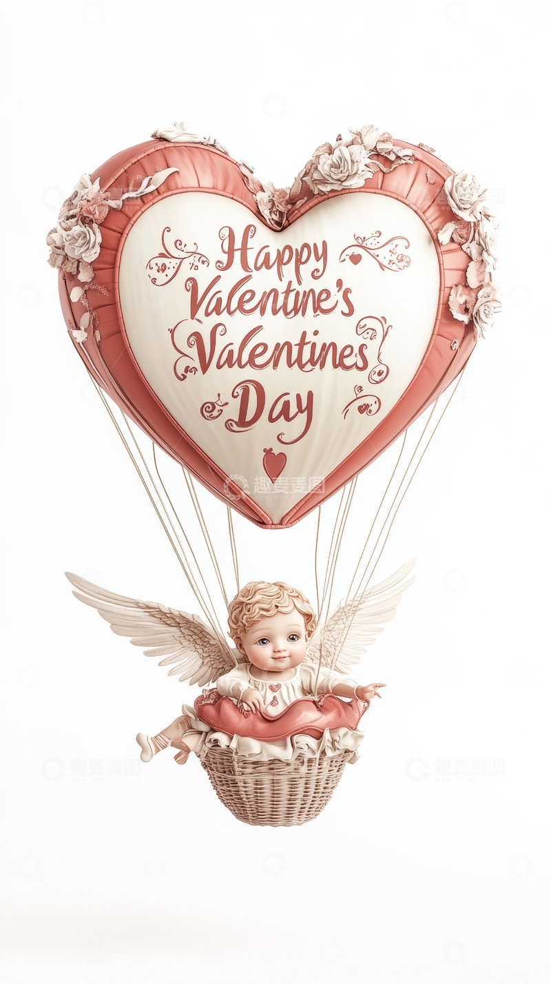 高清大图下载【趣麦麦图】情人节心形热气球与天使