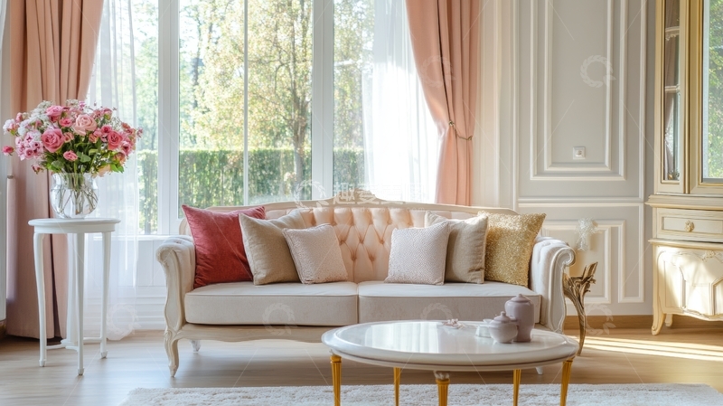 高清大图下载【趣麦麦图】典雅客厅布置，沙发与花卉装饰