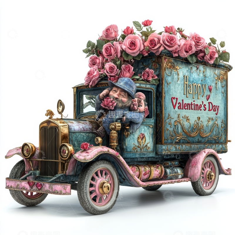 高清大图下载【趣麦麦图】情人节主题复古卡车装饰玫瑰
