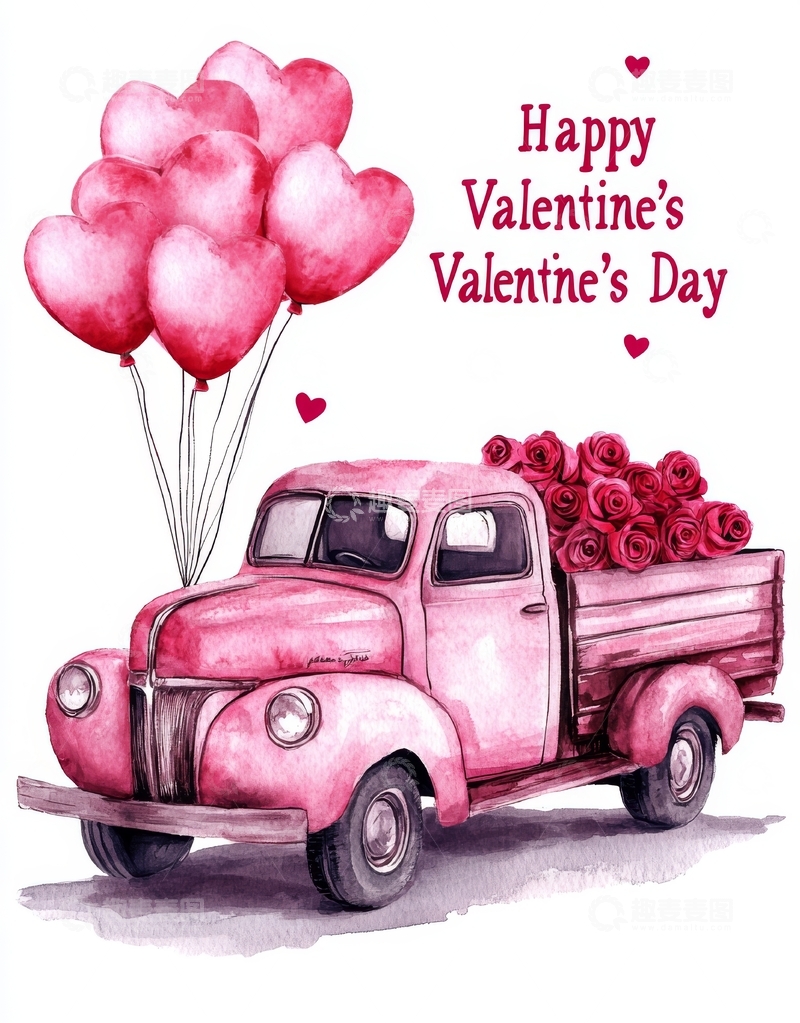 高清大图下载【趣麦麦图】情人节粉色卡车载满玫瑰与心形气球
