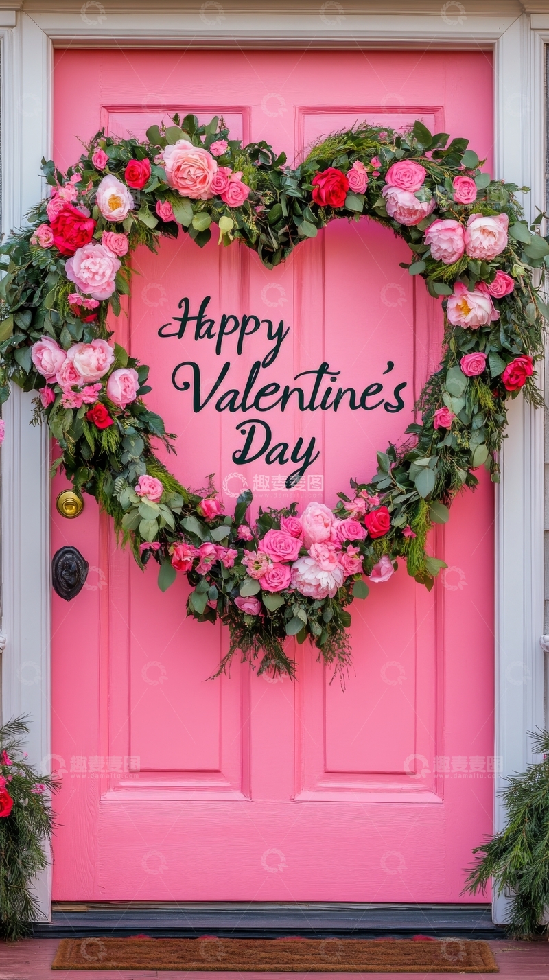高清大图下载【趣麦麦图】粉色门上的情人节花环装饰