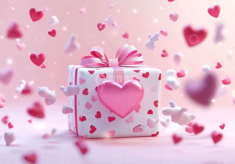 高清大图下载【趣麦麦图】粉色爱心礼盒与飘落的心形装饰