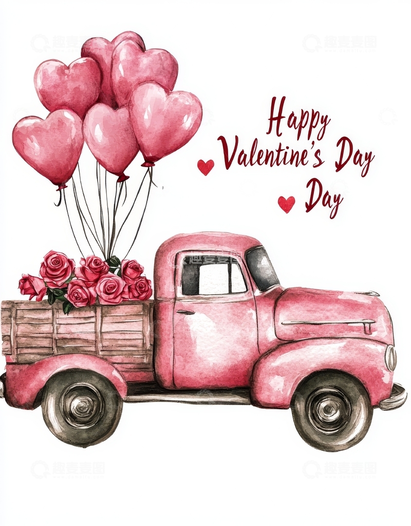 高清大图下载【趣麦麦图】情人节粉色卡车与心形气球