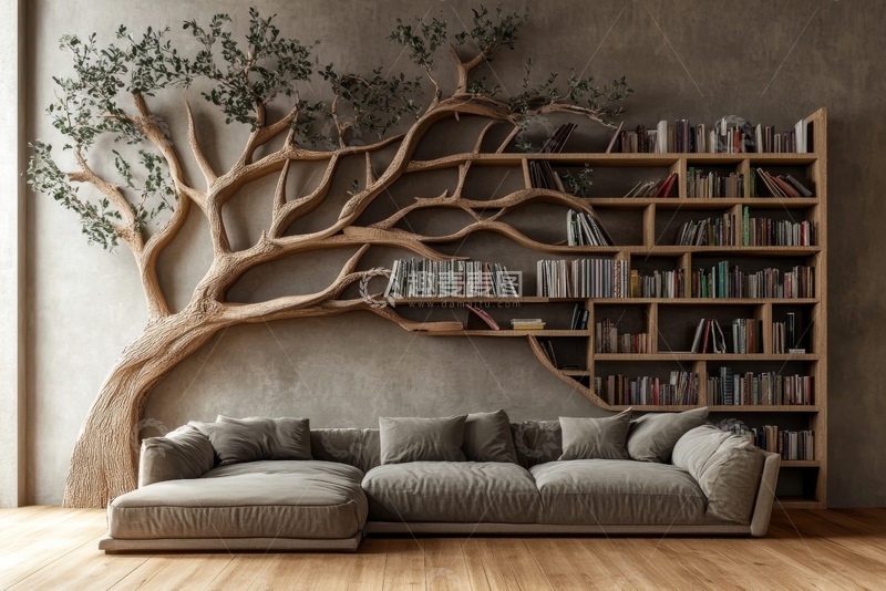 高清大图下载【趣麦麦图】树形书架与灰色沙发的现代客厅设计