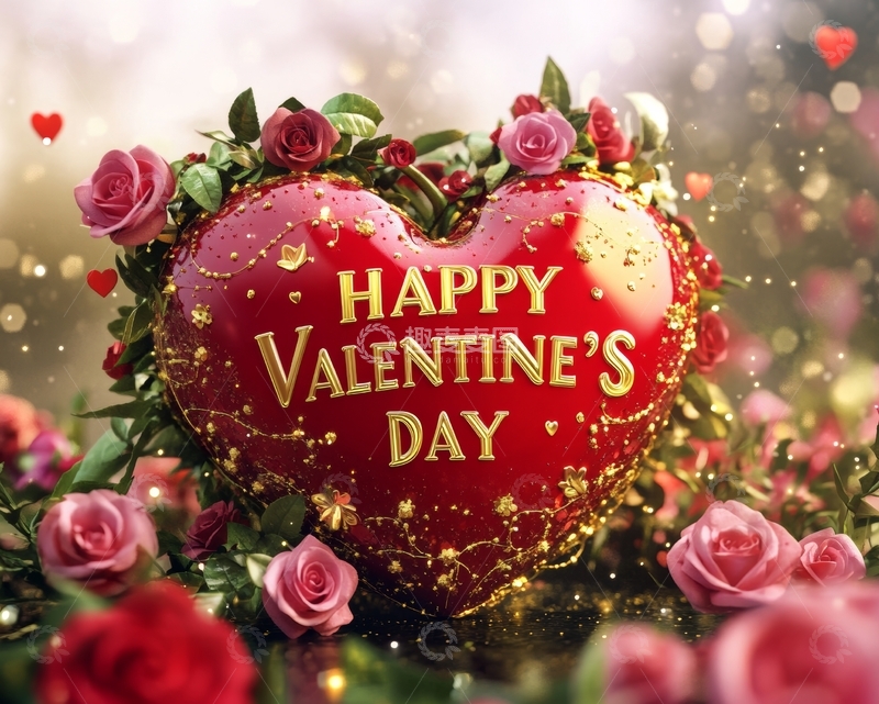 高清大图下载【趣麦麦图】情人节红色心形装饰与玫瑰花环绕