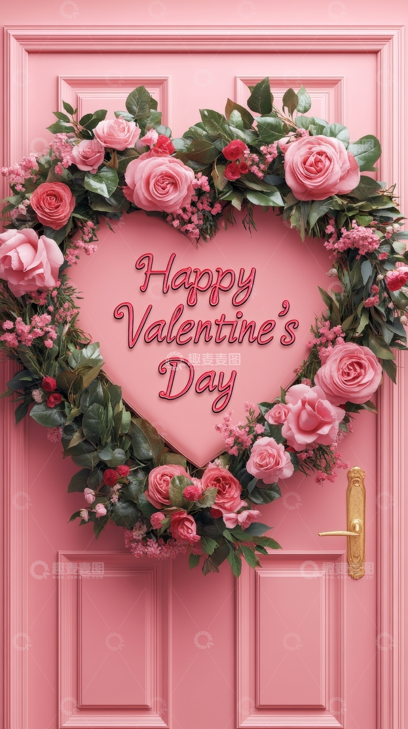 高清大图下载【趣麦麦图】情人节心形花环装饰粉门