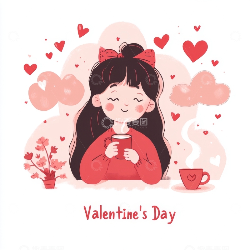 高清大图下载【趣麦麦图】情人节温馨场景：女孩手捧热饮
