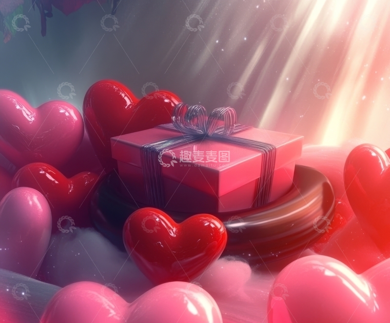 高清大图下载【趣麦麦图】红色礼盒与心形装饰的梦幻场景