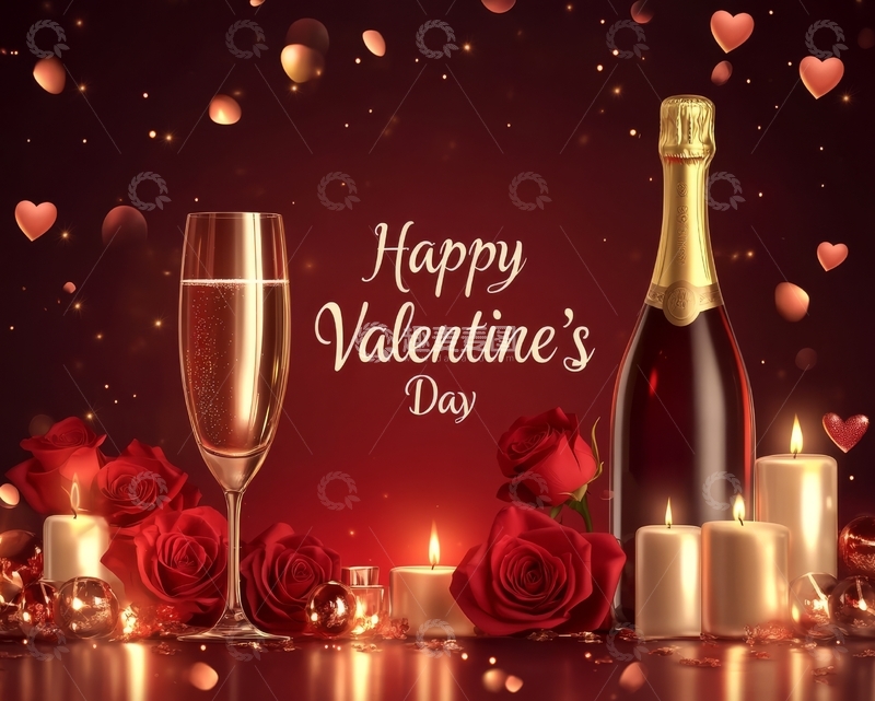 高清大图下载【趣麦麦图】情人节浪漫场景：香槟与玫瑰