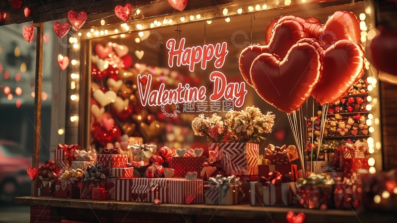 高清大图下载【趣麦麦图】情人节橱窗装饰，心形气球与礼物