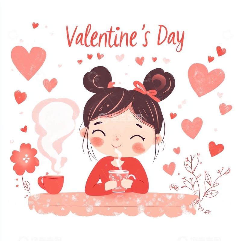 高清大图下载【趣麦麦图】情人节温馨女孩品茶插画