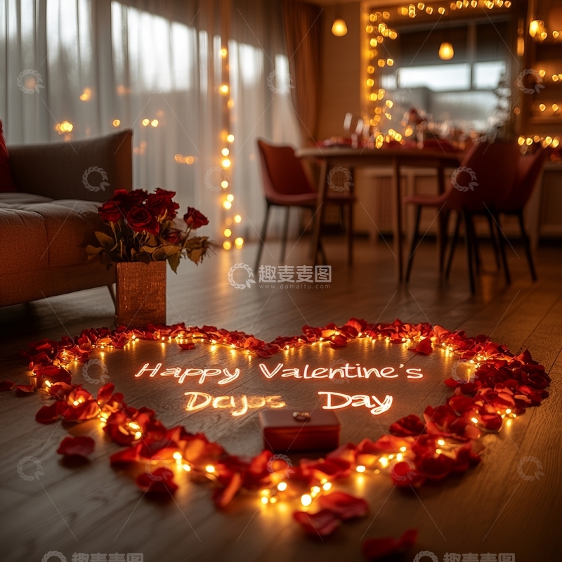 高清大图下载【趣麦麦图】情人节心形花瓣与灯光装饰