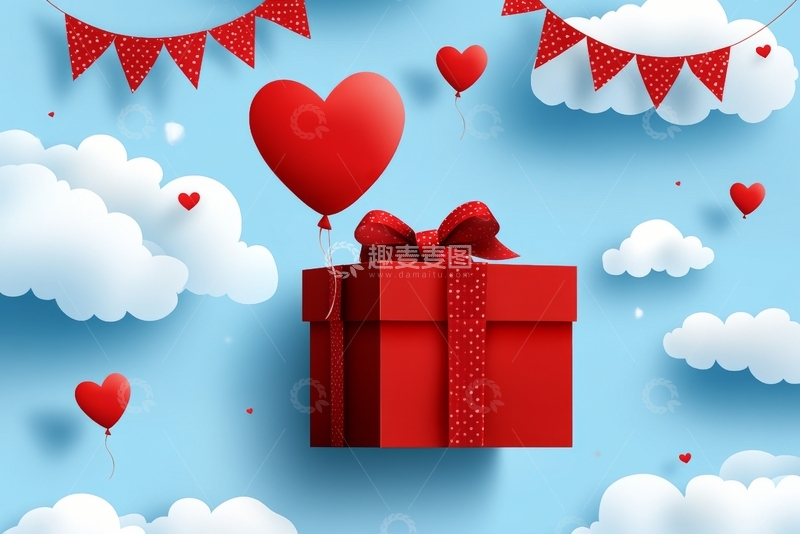 高清大图下载【趣麦麦图】红色礼盒与心形气球的节日场景