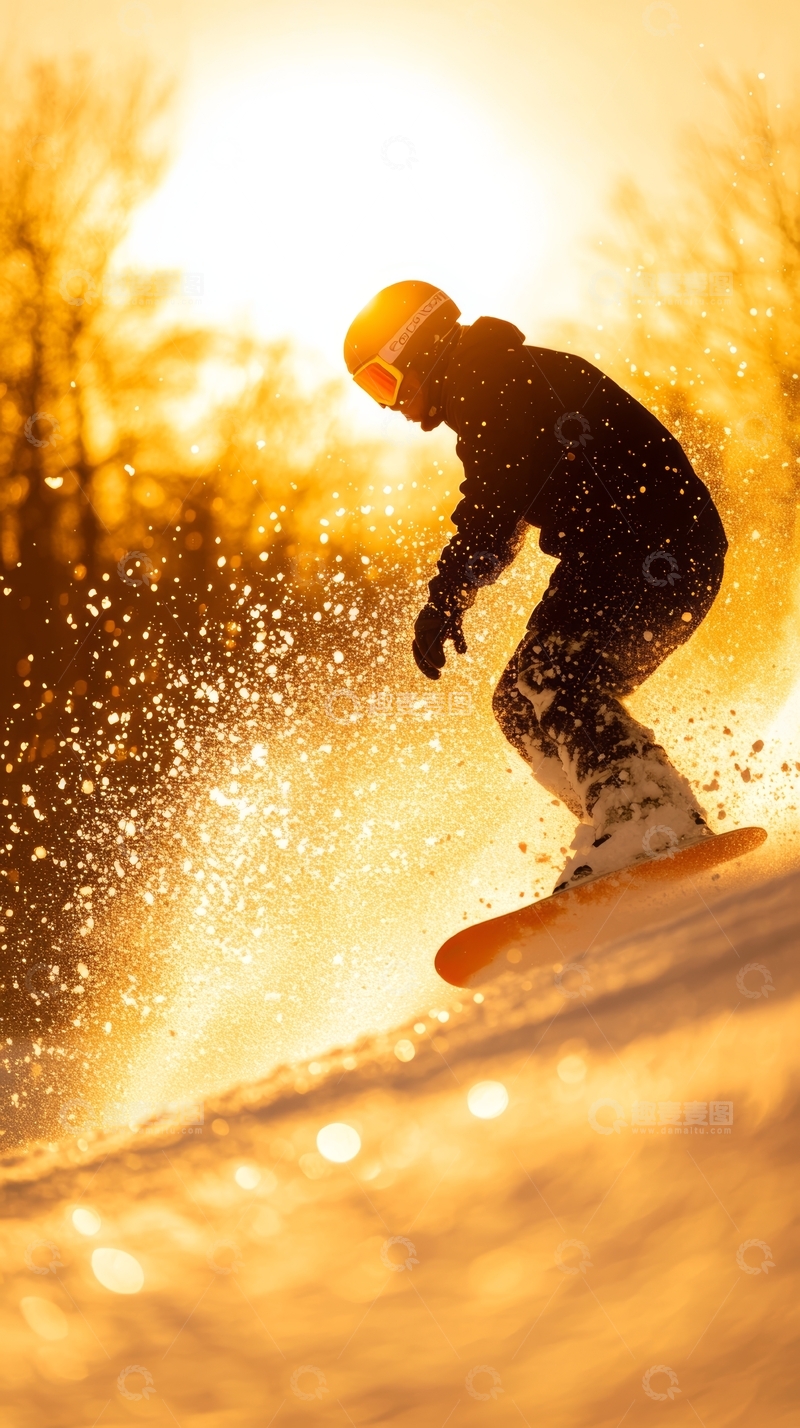 高清大图下载【趣麦麦图】雪地滑行：夕阳下的滑雪者