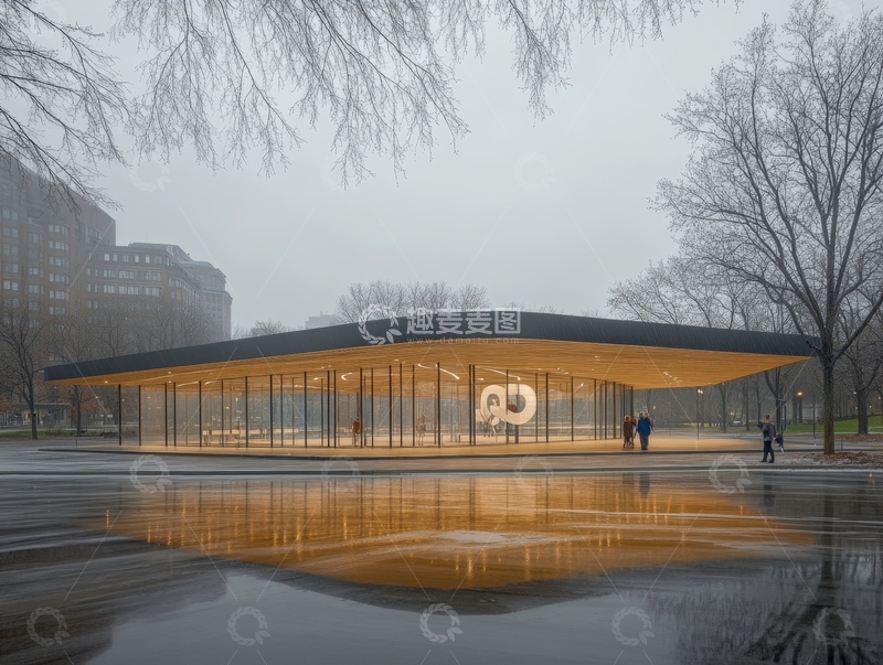 高清大图下载【趣麦麦图】现代玻璃建筑在雾中反射水面