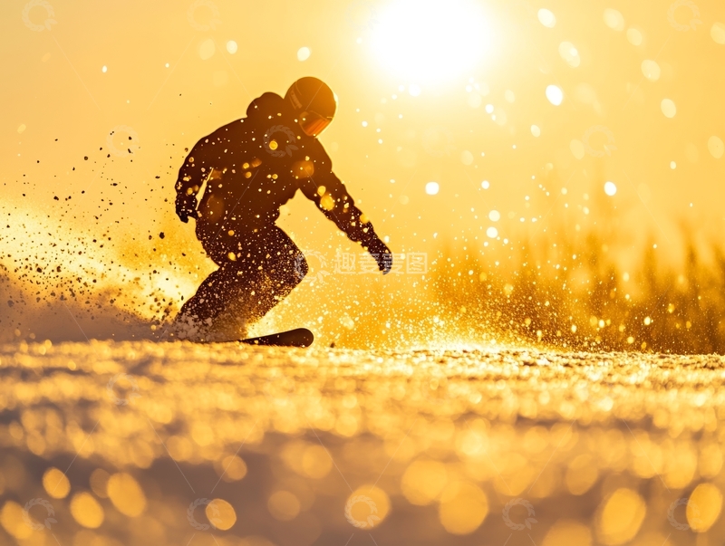 高清大图下载【趣麦麦图】夕阳下雪地滑行的滑雪者