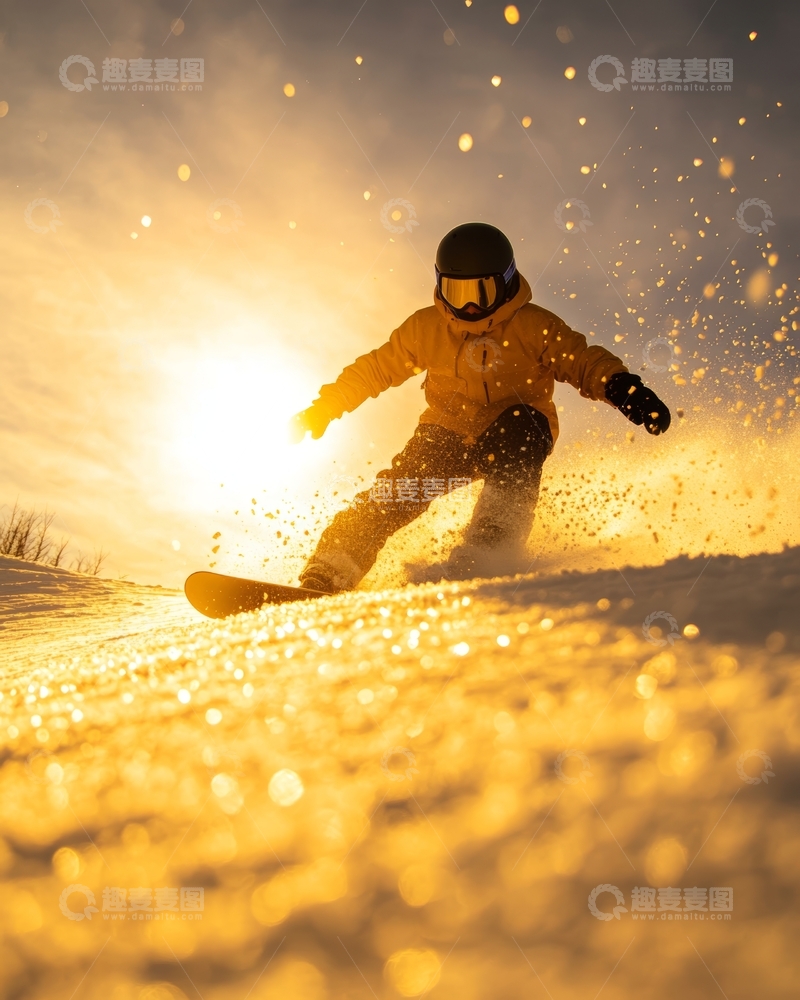 高清大图下载【趣麦麦图】雪地滑行，夕阳下的滑雪者