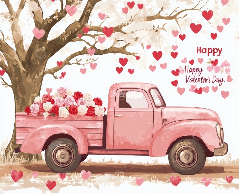 高清大图下载【趣麦麦图】情人节主题复古卡车与玫瑰花