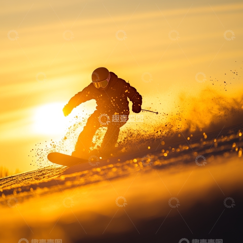 高清大图下载【趣麦麦图】夕阳下滑雪者疾驰而过