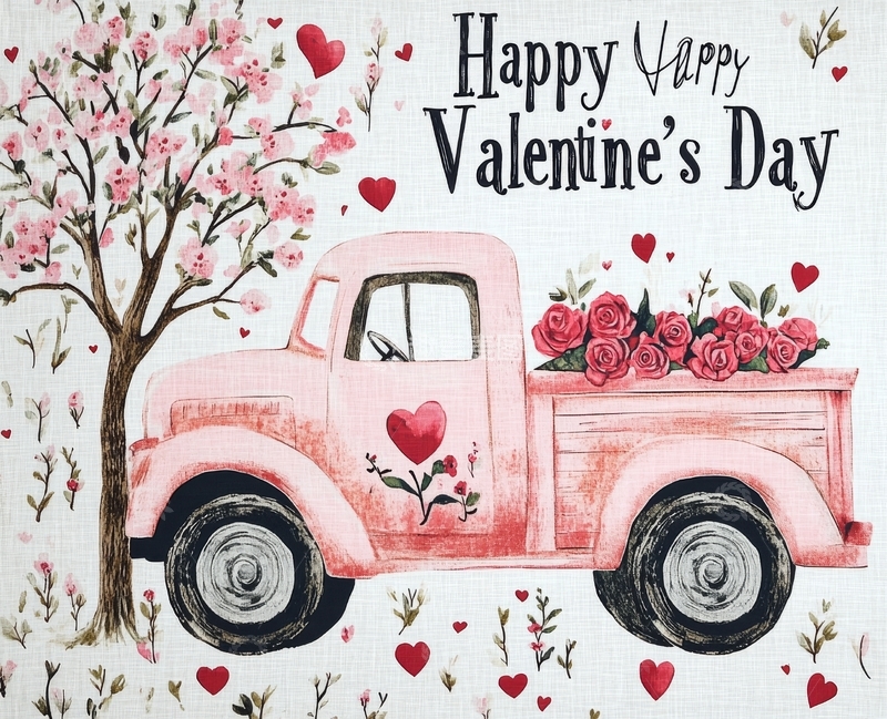 高清大图下载【趣麦麦图】情人节粉色卡车与花树