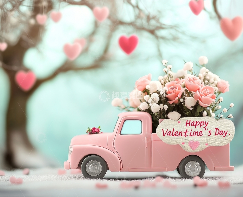 高清大图下载【趣麦麦图】粉色小卡车载满鲜花，背景挂满爱心
