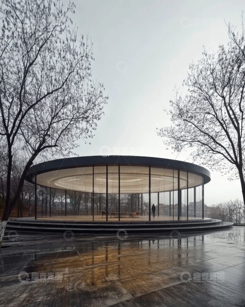 高清大图下载【趣麦麦图】现代圆形玻璃建筑与倒影