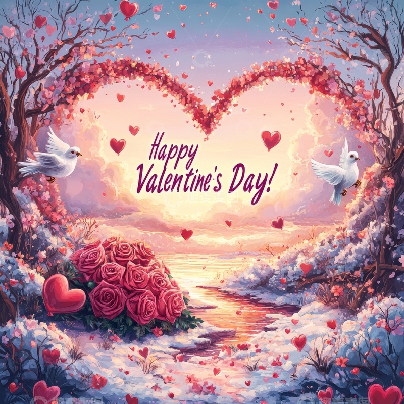 高清大图下载【趣麦麦图】情人节梦幻心形树与玫瑰花