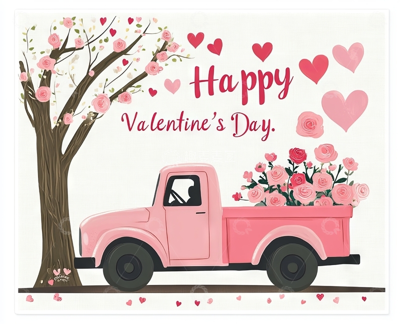 高清大图下载【趣麦麦图】情人节粉色卡车载花