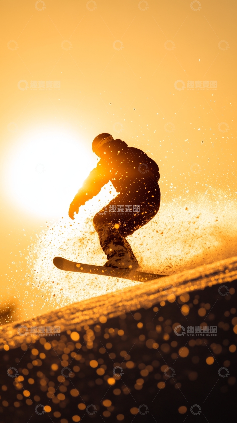 高清大图下载【趣麦麦图】夕阳下雪地滑板的剪影