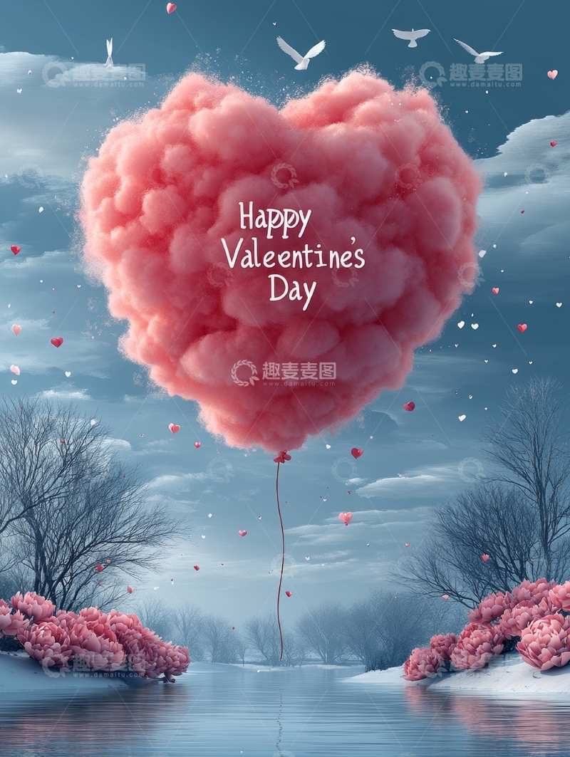 高清大图下载【趣麦麦图】情人节心形气球漂浮在梦幻冬季景色中