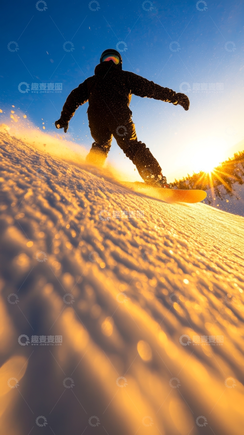 高清大图下载【趣麦麦图】雪地滑行：夕阳下的滑雪者