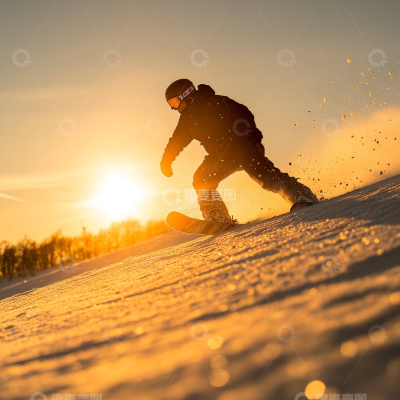 高清大图下载【趣麦麦图】夕阳下雪地滑行的滑雪者