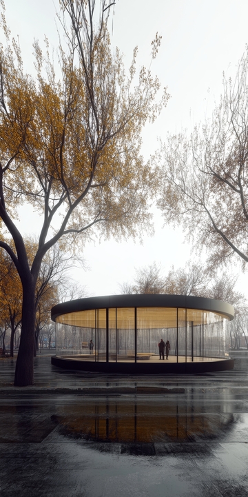 现代玻璃亭台与秋树倒影