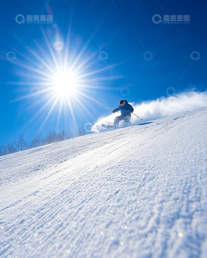 高清大图下载【趣麦麦图】滑雪者在阳光下疾驰而下